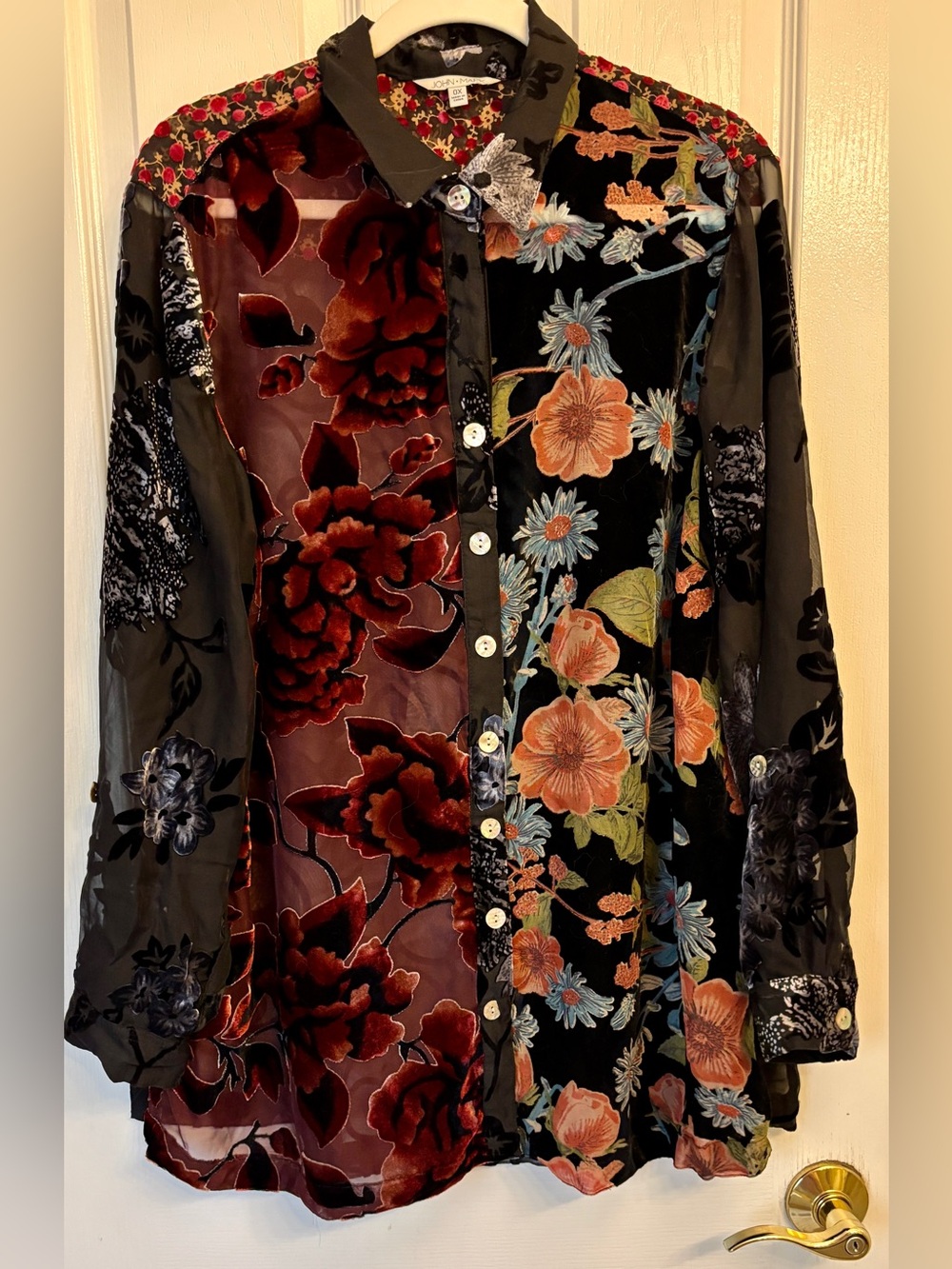 Floral Patchwork Button-Front Women's Blouse - Black & Burgundy